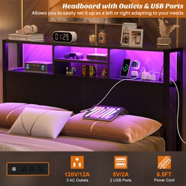 Aheaplus Headboard for Full Size Bed with Storage, Headboards with Outlets, USB Ports and LED Light, Full Size Head Board Only, Height Adjustable, Reversible, Sturdy and Stable Headboard, Black
