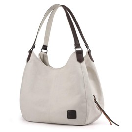 DOURR Women's Multi-pocket Shoulder Bag Fashion Cotton Canvas Handbag Tote Purse (Beige - large size)