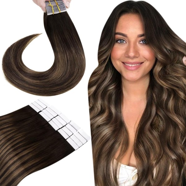 Hetto Remy Real Hair Tape-In Extensions, Darkest Brown to Ash Brown, Ombre Brown, 55 cm, 50 g