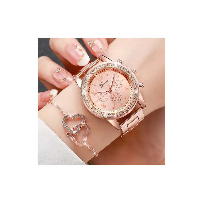 Set Regalo Mujer Reloj Collar Anillo Aretes Oro Rosa Rose