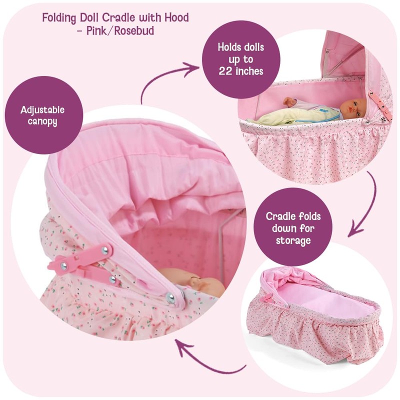 Badger Basket Folding Doll Cradle with Hood fits Dolls 18
