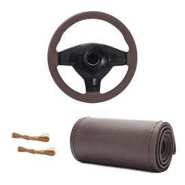 MUQIDA Genuine Leather Steering Wheel Cover, 15 Inches Breathable Stitch on Wrap Steering Wheel Cover, Anti-Slip Auto Wheel DIY Sewing Protector with Needle Thread (Coffee, Glossy)