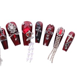 PN-026 Press-On Nails Lacquered Pack of 10 Reusable Artificial Premium Nails Diva Queen Cross Heart Crystal Stones Chain Metallic Red