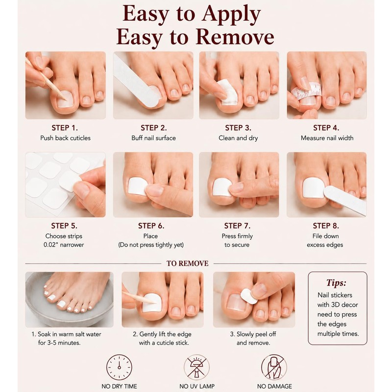 Gel Toe Nail Strips 34Pcs, Pre-Cured, No UV Light, White