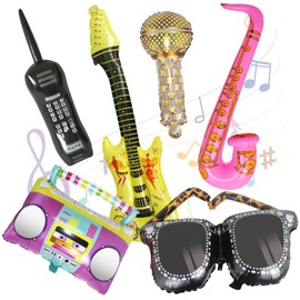 6Pcs Photo Booth Props, Inflatable Party Props with Inflatable Guitar Saxophone Sunglasses Microphone Radio Boombox, Inflatable Props Ballons for 70s 80s 90s Carnival Disco Themed Party Supplies