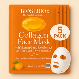 BIOSEBIO Korean Collagen Face Mask – 5 Pack – Vitamin C & Rice Extract – Hydrating, Brightening & Firming – 23g Sheet Masks – Made in Korea