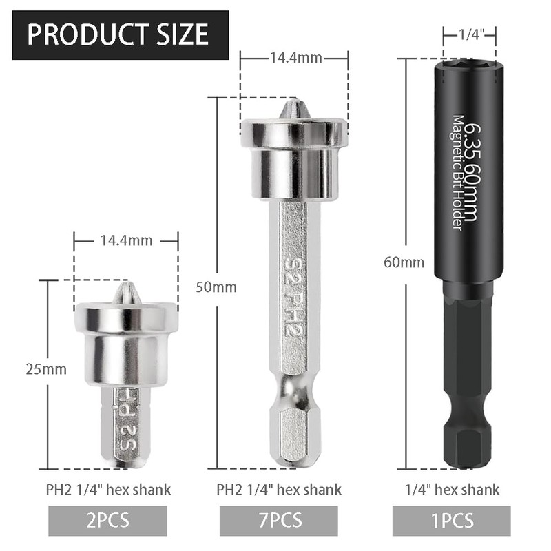 SeonFook 10PCS Magnetic Positioning Screwdriver Bits, Drywall Screw Setter PH2