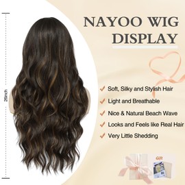 NAYOO Long Brown Wavy Wigs for Women, 26 Inch Dark Brown Wig With Balayage Highlights, Natural Looking Long Brown Wig, Heat Resistant Dark Brown Hair Wig, Super Soft Long Wigs for Daily Party Use