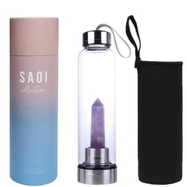 SAOI Crystal Water Bottle - Aventurine - Natural Wellness Healing - Glass/Stainless Steel