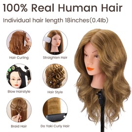 cenoz Mannequin Head with 100% Real Hair, CENOZ 18" Hairdresser Cosmetology Training Head with Stand and Tool, Manikin Training Practice Head, Doll Head for Hair Styling Light Brown