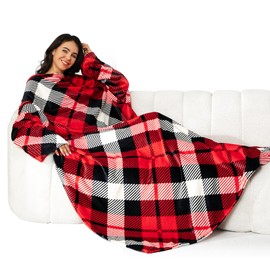 Wearable Blanket with Sleeves Adults, Winthome Super Soft Blanket for Women Men, Warm Cozy, Lightweight TV Throw for Full Body with Hook and Loop Fastener, Elastic Cuffs(Red Grid 55.1" x 70.8")