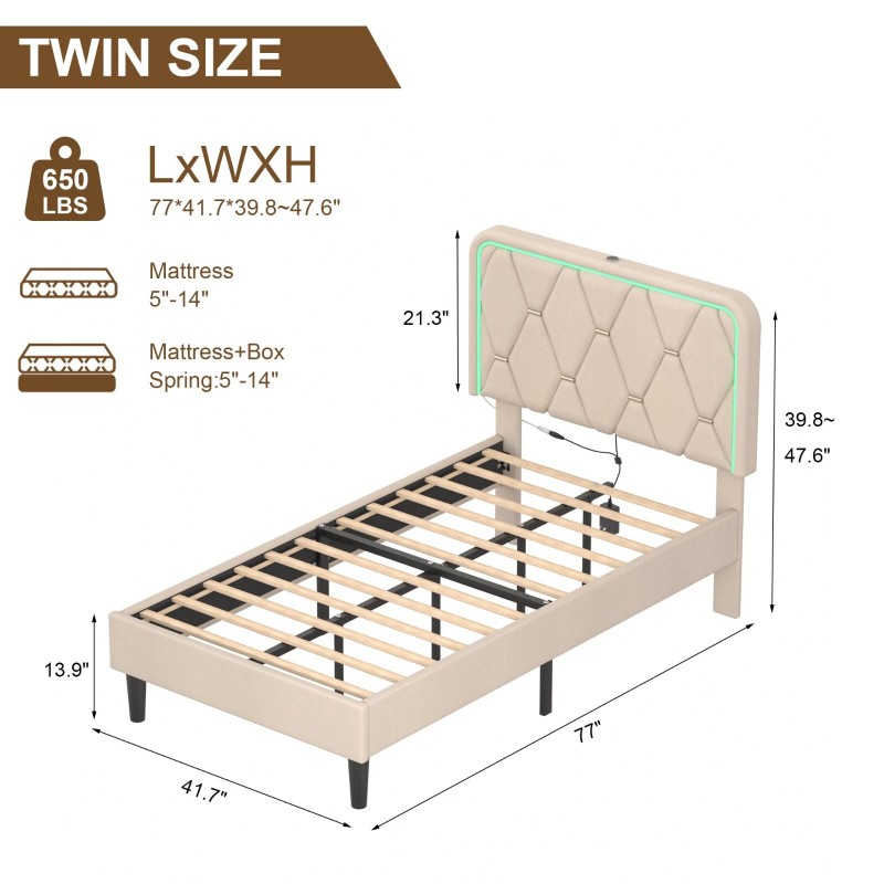 Vecelo LED Light Queen Full Twin Bed Frame with USB