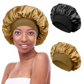 Kiiwah Pack of 2 Satin Bonnet Night Sleep Hat Adjustable Sleeping Cap Headgear Soft Head Cover Sleep Cap Silk with Elastic Band for Women and Girls, Black, Gold