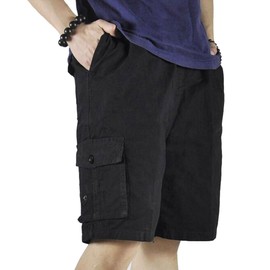 Putaowor Mens Cotton Loose Fit Full Elastic Waist Twill Cargo Short with Drawstring Black 46