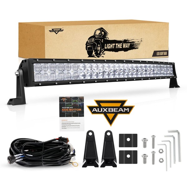 32 Inch LED Light Bar Curved, Auxbeam 180W Spot Flood Combo Beam Offroad Driving Lights with 5D Reflectors, 18000LM Off Road Fog Light with 12V DT Wiring Harness Kit for Jeep Pickup Trucks SUV ATV UTV