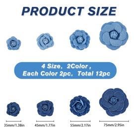 SUPERFINDINGS 16Pcs Fabric Flower Blue Denim Cloth Flowers 8 Style Camelia Sewing Flowers for Clothes Hairclips Decoration DIY Costume Accessories
