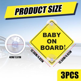 Baby on Board Car Warning Signs, Pack of 3 15 x 15 cm Safety Car Sign with Double Suction Cups, Baby in Car Sticker, Baby on Board Durable Children on Board Car Sign, Baby in Car Sticker
