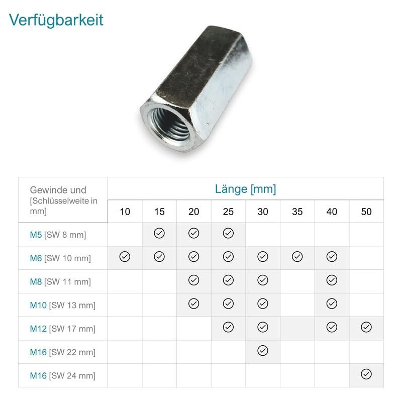 Long Nut M16 x 50 mm Galvanised Steel Hexagonal Connection