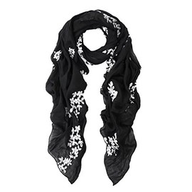 Premium Elegant Lace Cherry Blossom Floral Embroidered Scarf Wrap, Black