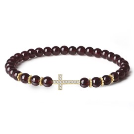 COAI Women's Bracelet with Natural Stone Beads and Cross Pendant, Cross Bracelet, Stone, Garnet