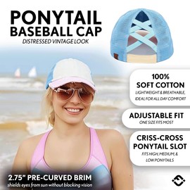 Funky Junque Women's Distressed Trucker Hat with Ponytail Hole Criss Cross Messy Bun Ball Cap for High Bun - 3 Tone - Beige/Light Pink/Light Blue