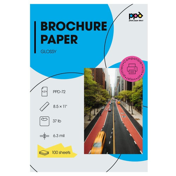 PPD 100 Sheets Inkjet Glossy Brochure and Flyer Paper 8.5x11 37lbs 140gsm Professional Quality Double Sided Instant Dry and Water-Resistant (PPD-72-100)