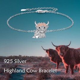 POPLYKE Highland Cow Bracelet 925 Sterling Silver Scottish Highland Cow Bracelet Highland Cow Gifts for Women