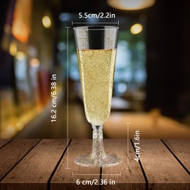 CZMAO Plastic Champagne Glasses, Pack of 50, Champagne Glasses, 150 ml, Reusable Champagne Glasses, Plastic Cocktail Glasses with Gold Glitter for Party, Birthday, Wedding