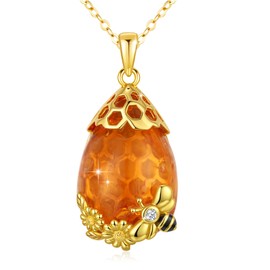 Aututer Honeycomb Bee Necklace S925 Sterling Silver Amber Pendant Animal Necklace for Women Bee Jewelry Gift Birthday, middle, Sterling Silver, No Gemstone