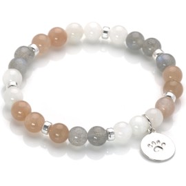 Women's Bracelet Made of Real Moonstones, Dog Paw Pendant, 925 Silver or Gold-Plated, Beautiful Gift for Dog Lovers (Moonstone)