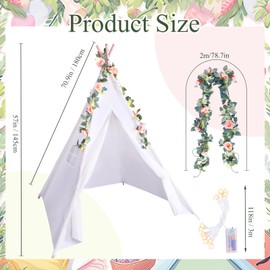 Kigley 2 Set Teepee Tents for Girls Sleepover Tents for Boys Slumber Party White Cotton Linen Play Tents with 6.6 ft Pink Fake Rose Vine 10 ft Battery Operated String Lights for Room Decor