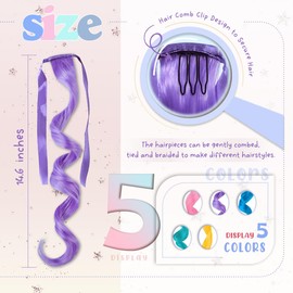 Z-CHARMMY Colored Curly Hair Extensions with Fabric Ribbon, Wavy Wrap Around Colorful Hair Extensions for Kids, Tie-in Princess Ponytail for Girls, 5 Color, 10 Pieces