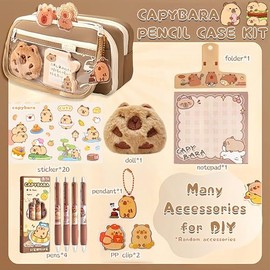 Capybara - Kit de estuche para lápices con muñeca de felpa, 20 calcomanías, 2 broches, notas adhesivas, bolígrafos y colgante, juego de papelería gran