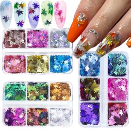3Boxes Maple Leaf Nail Glitter Sequins 3D Colorful Holographic Leaves Nail Art Flakes Autumn Nail Glitter Fall Acrylic Nail Supplies for Women DIY Thanksgiving Manicure Decoration Accessories