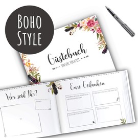 bigdaygraphix Guest Book Wedding Book with Questions A4 Landscape Boho Flowers Feathers