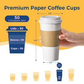 Fit Meal Prep 50 Pack 20 oz Disposable Coffee Cups with Lids, Sleeves, Leak-Proof To Go Coffee Cups with Lids, Durable Hot Paper Cups for Home, Office, Party, Business