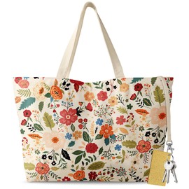 Miss Adola Large Tote Bag for Women - Aesthetic Cute Big Canvas Bags with Zipper Cotton Reusable Shoulder Bag with Hook Graphic for Travel, Work, Shopping, Gym, Red Flower