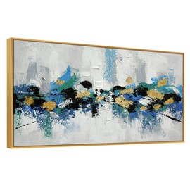 Large 100% Hand Painted Oil Painting 3D Texture Framed Canvas Wall Art White Black Blue Green Home Decor Abstract Gold Leaf Wall Painting for Living Room Bedroom Office 48x24in