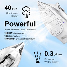 Martisan Steam Iron, 1800W, Ceramic Soleplate, Strong Steam Burst, 20s Fast Heating, Precise Temp Control, 3-Way Auto-off, Self-Clean, 4-in-1 Iron, Anti-Drip, Anti-Calc, Large Tank, White