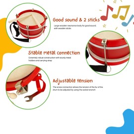 3848 Children's Wooden Marching Drum with Carry Strap and 2 Batons, Diameter 22 cm, Drum for Children