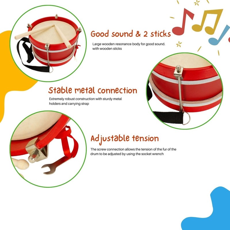 3848 Children's Wooden Marching Drum with Carry Strap and 2