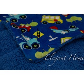 Elegant Home Kids Soft & Warm Sherpa Baby Toddler Boy Sherpa Blanket Multicolor Cars Trucks Buses Printed Borrego Stroller or Toddler Bed Blanket Plush Throw 40X50 # Cars