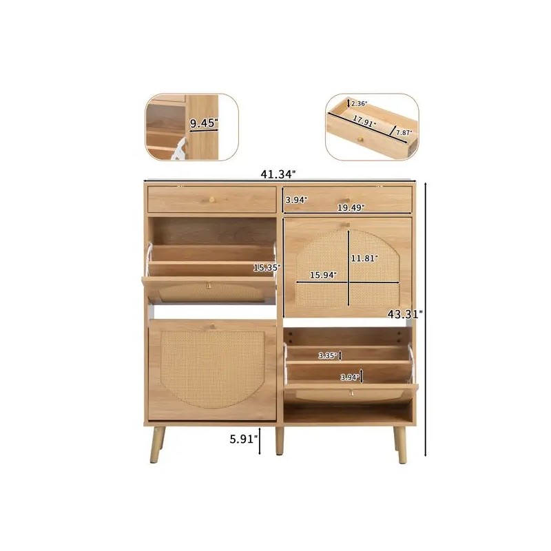 Rattan Front Shoe Cabinet 2 Drawers 4 Flip Compartments 105*24*110cm