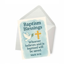 PICTURE THIS PRINTS Mark 16:16 Bible Verse Baptism Card, Christian Baptism Blessings Greeting Card, Religious Scripture with Dove and Cross, Christening Blessings, Comes with Envelope (5x7”)