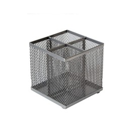 OSCO Silver Wiremesh Square Pen Pot | 4 Sections | Pencil Holder | Desk Tidy | Office Organiser | Makeup Storage | Cosmetics Display | H10.5 x W10 x D10 cm |