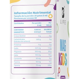 Citrato de Magnesio de 60 ml. 2 meses de consumo. Adicionado con Teanina, Vitamina B1 y Gaba para niños. Sabor Uva. Kids Mag. B Life.