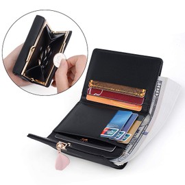 UTO Girls’ Small Purse with Leaf Charm Pendant, Multiple Card Slots & Kiss Clasp Coin Compartment Black