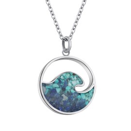 Lauren-Spencer Ocean Wave Pendant Necklace for Women, Ocean Beach Themed Jewelry Gifts for Women, Turquoise Sodalite Chips Stainless Steel Necklace, Blue Surf Necklace for Women (Wave Style A-Turquoise+Blue Sodalite)