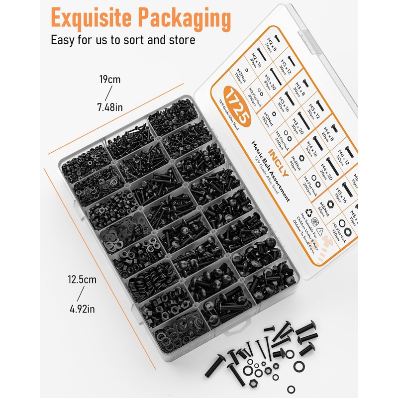 INCLY 1725PCS Metric Screw Assortment, M2 M3 M4 M5 Machine