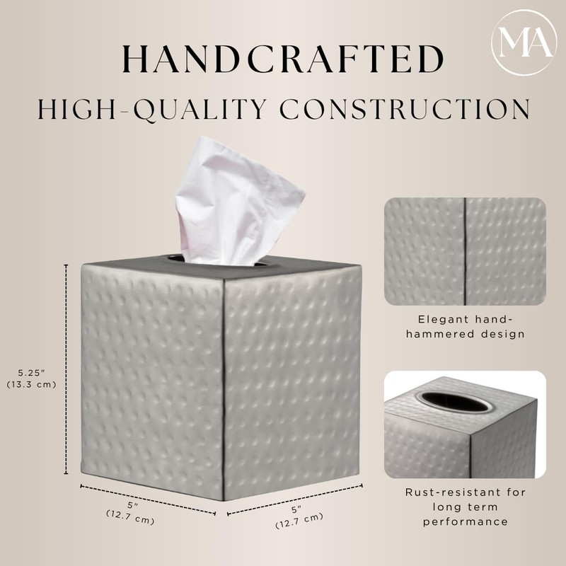 Monarch Abode Hand Hammered Tissue Box Cover Square, Pewter Tissue